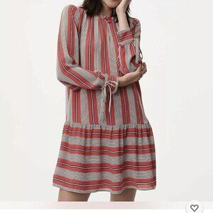 Loft Shift Dress Drop Waist Button Long Sleeves Tie Wrists Striped Ruffle Size S